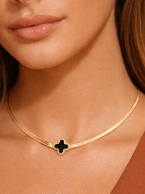 352. 18K Gold Plated Stainless Steel Gold Necklace with Black Clover Pendant